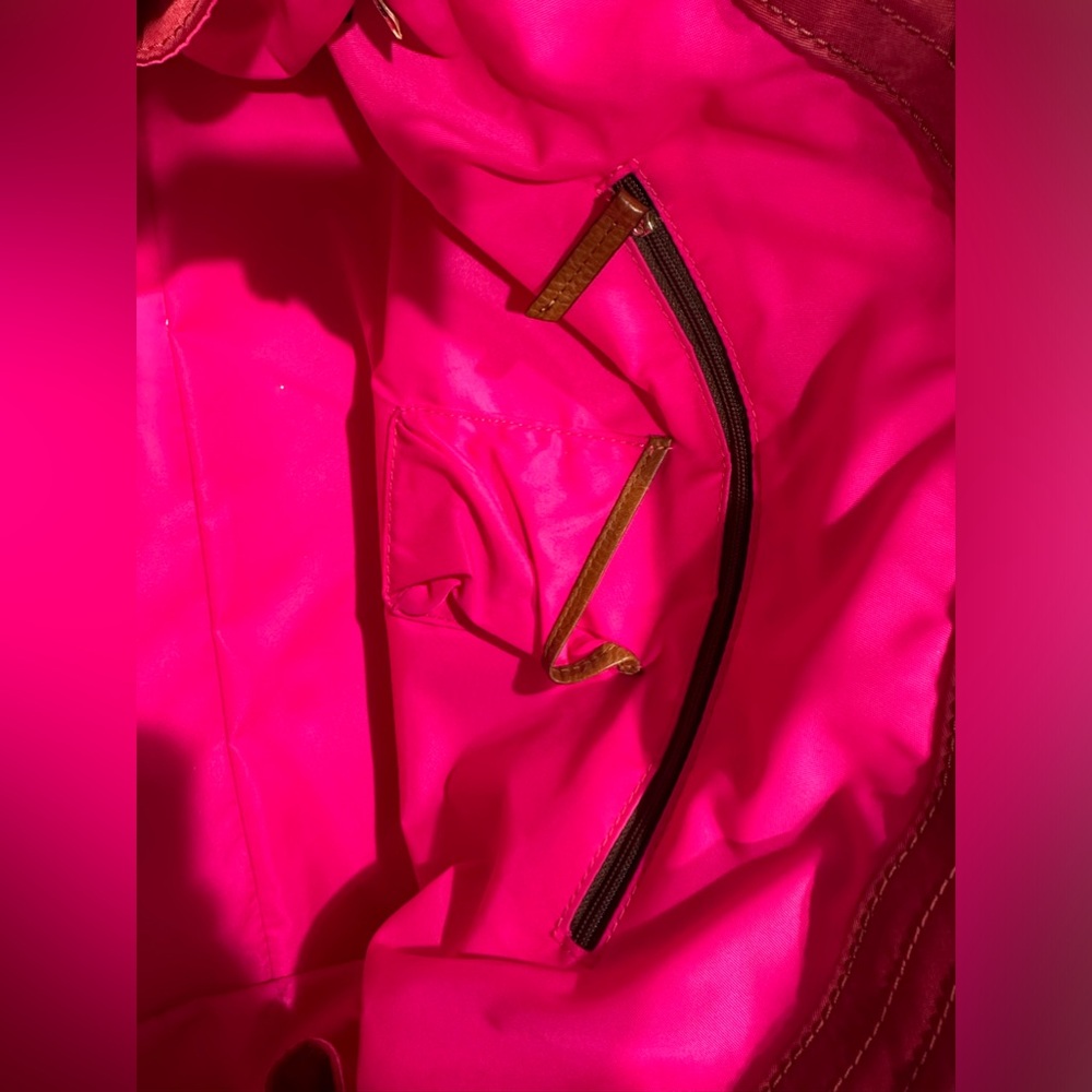 Vintage Dooney & Bourke Victoria Nylon Tote, Red w/ hot pink interior, leather - Picture 6 of 16